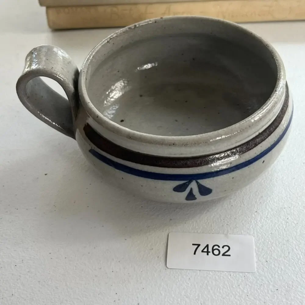 Studio Art Pottery Handmade Soup Bowl Handled Blue Striped Signed 5